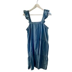 Suzy Shier Blue Chambray Denim Mini Babydoll Dress Size Small Ruffles Sleeveless